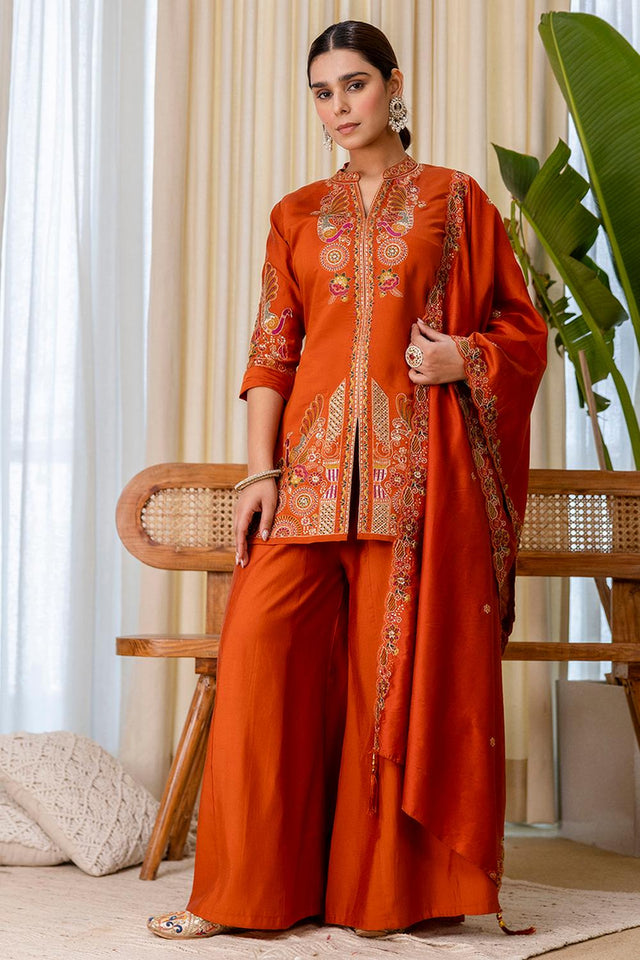 Rust Embroidered Silk Blend Palazzo Suits (ACA7189)