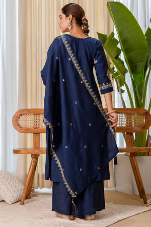 Blue Embroidered Silk Blend Palazzo Suits (ACA7190)