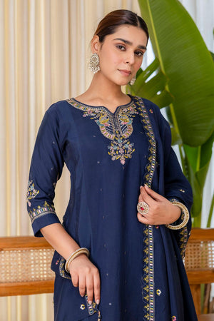 Blue Embroidered Silk Blend Palazzo Suits (ACA7190)