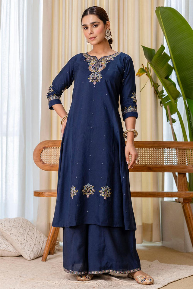 Blue Embroidered Silk Blend Palazzo Suits (ACA7190)