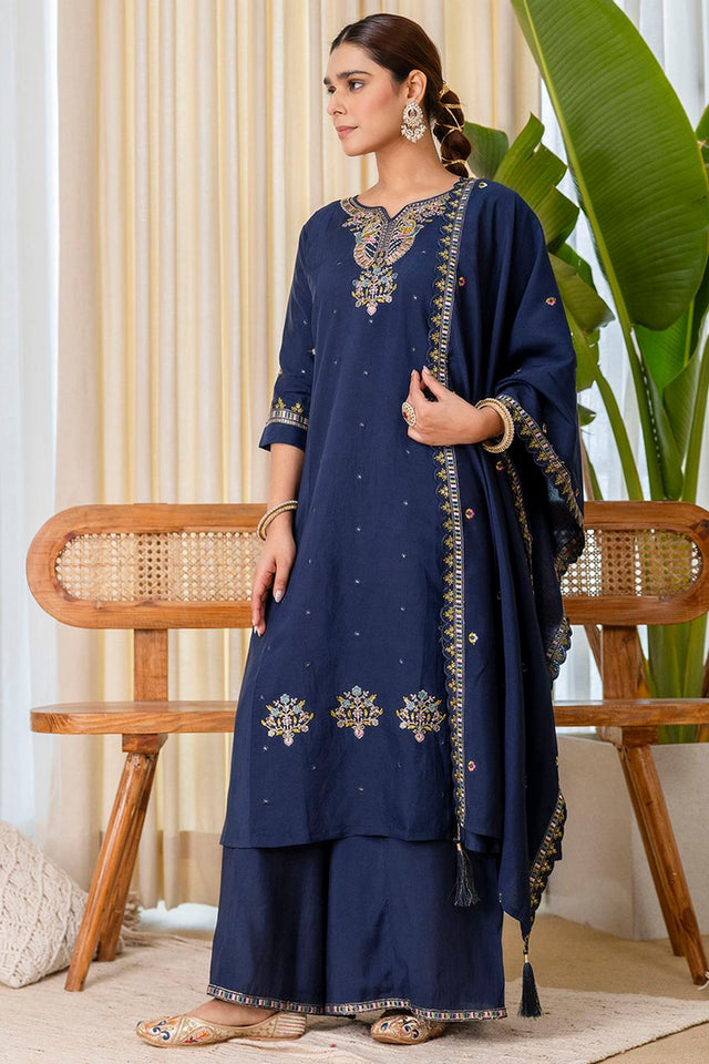 Blue Embroidered Silk Blend Palazzo Suits (ACA7190)