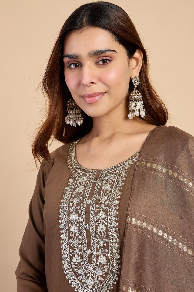 Brown Embroidered Cotton Blend Palazzo Suits (ACA7191)