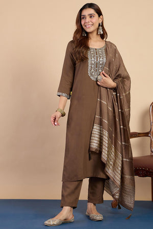 Brown Embroidered Cotton Blend Palazzo Suits (ACA7191)