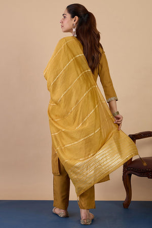Mustard Embroidered Cotton Blend Straight Cut Suits (ACA7192)