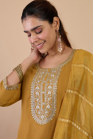 Mustard Embroidered Cotton Blend Straight Cut Suits (ACA7192)