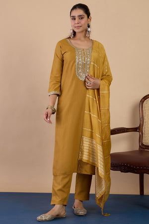Mustard Embroidered Cotton Blend Straight Cut Suits (ACA7192)