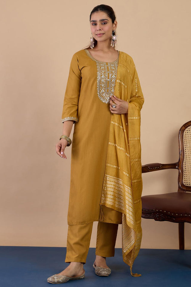Mustard Embroidered Cotton Blend Straight Cut Suits (ACA7192)