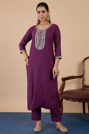 Violet Floral Embroidered Cotton Blend Straight Cut Suits (ACA7193)