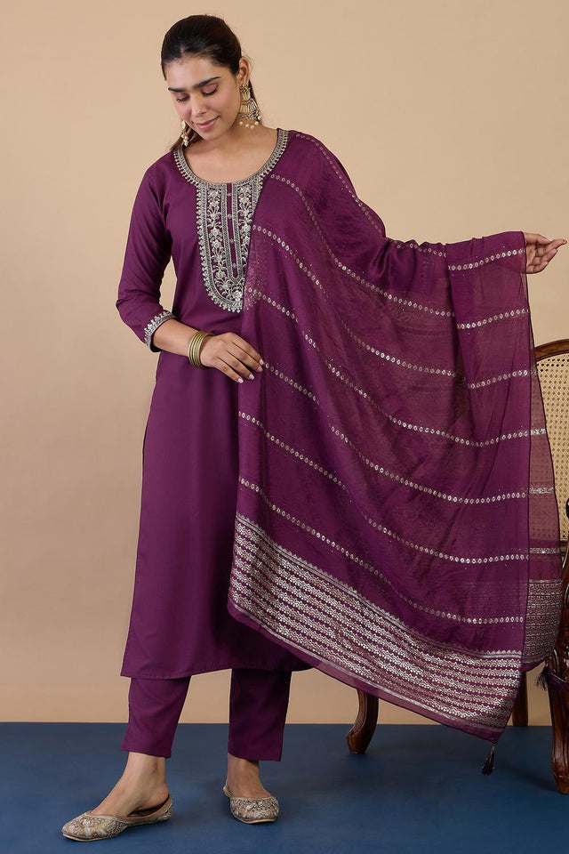 Violet Floral Embroidered Cotton Blend Straight Cut Suits (ACA7193)