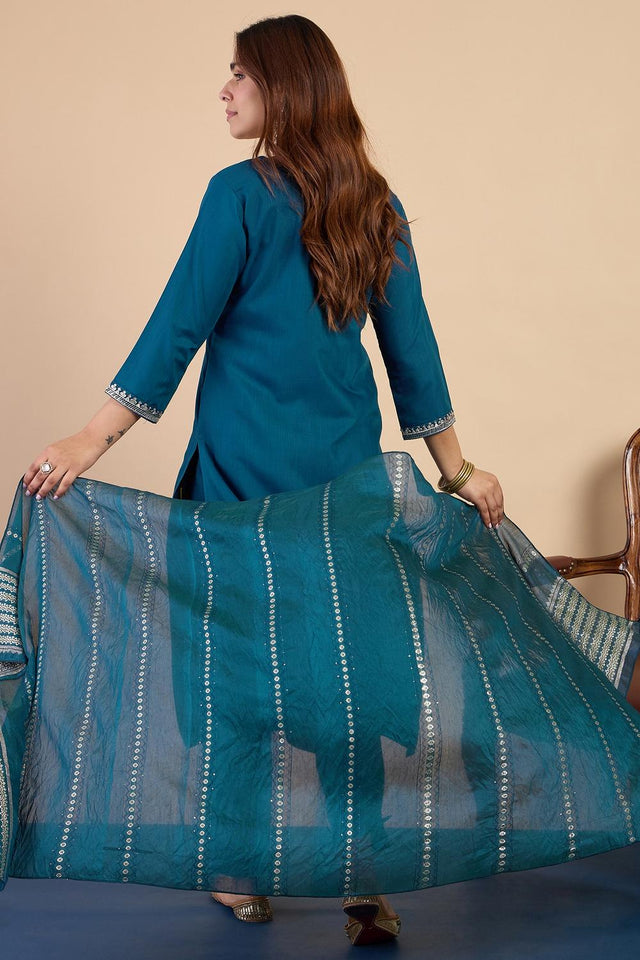 Turquoise Floral Embroidered Cotton Blend Straight Cut Suits (ACA7194)