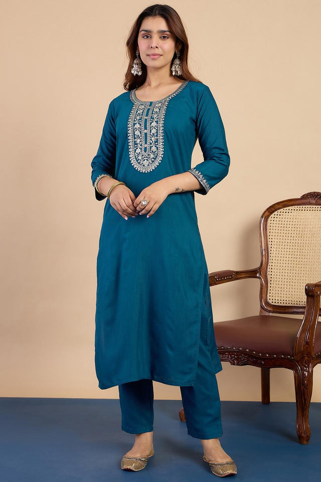 Turquoise Floral Embroidered Cotton Blend Straight Cut Suits (ACA7194)