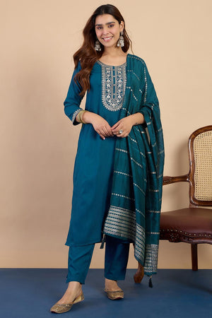 Turquoise Floral Embroidered Cotton Blend Straight Cut Suits (ACA7194)