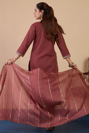 Brown Embroidered Cotton Blend Straight Cut Suits (ACA7195)