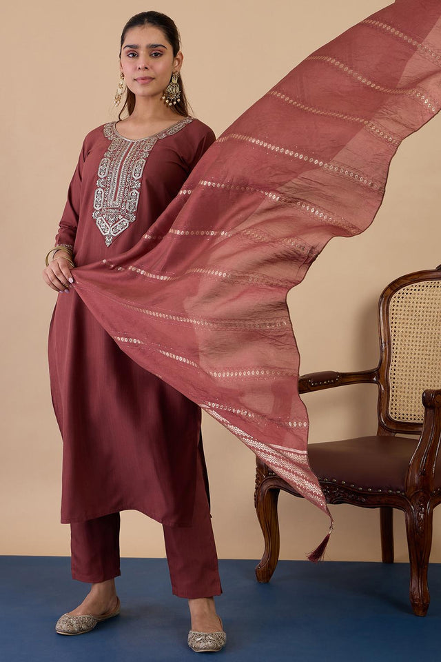 Brown Embroidered Cotton Blend Straight Cut Suits (ACA7195)
