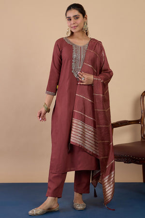 Brown Embroidered Cotton Blend Straight Cut Suits (ACA7195)