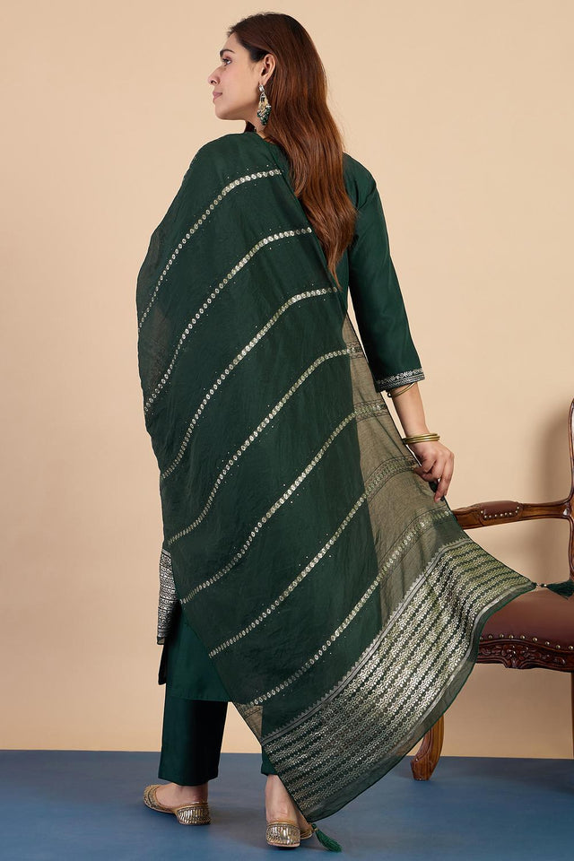 Green Embroidered Cotton Blend Straight Cut Suits (ACA7196)