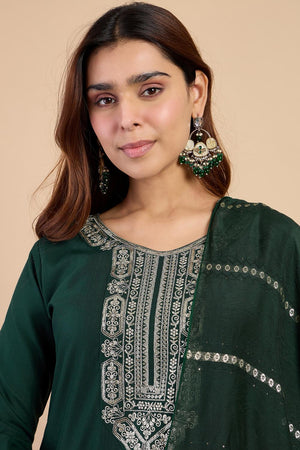 Green Embroidered Cotton Blend Straight Cut Suits (ACA7196)