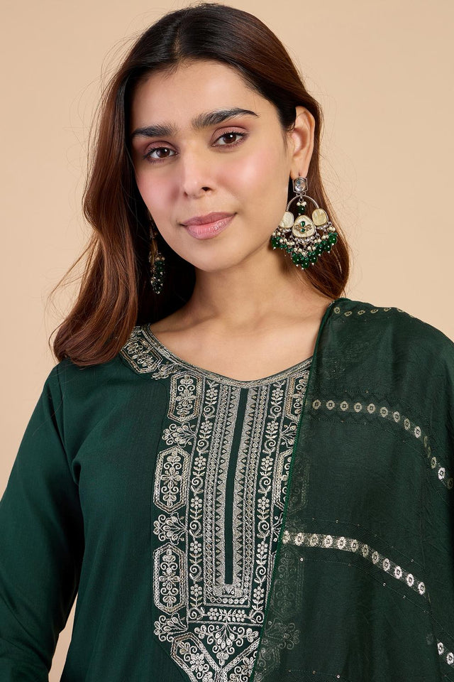 Green Embroidered Cotton Blend Straight Cut Suits (ACA7196)