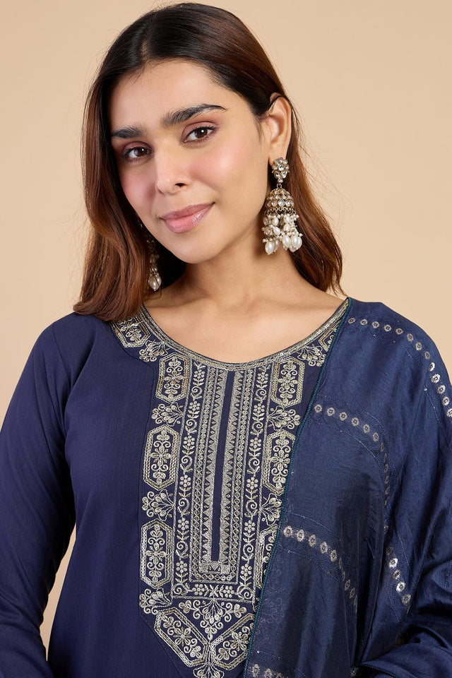 Navy Blue Embroidered Cotton Blend Straight Cut Suits (ACA7197)