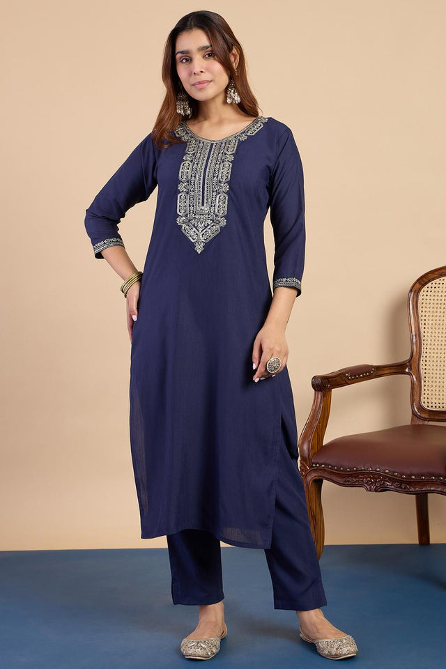 Navy Blue Embroidered Cotton Blend Straight Cut Suits (ACA7197)
