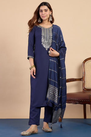 Navy Blue Embroidered Cotton Blend Straight Cut Suits (ACA7197)