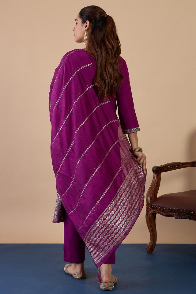 Violet Embroidered Cotton Blend Straight Cut Suits (ACA7198)