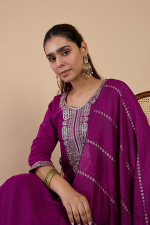 Violet Embroidered Cotton Blend Straight Cut Suits (ACA7198)