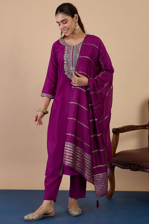 Violet Embroidered Cotton Blend Straight Cut Suits (ACA7198)