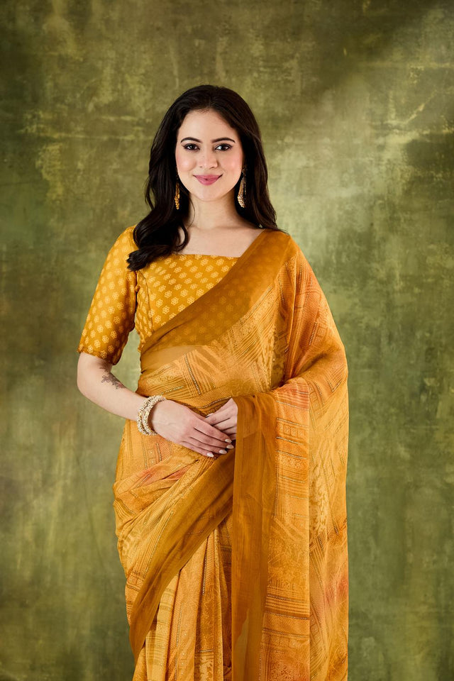 Yellow Printed Chiffon Ready to Wear Saree (ACA7199)