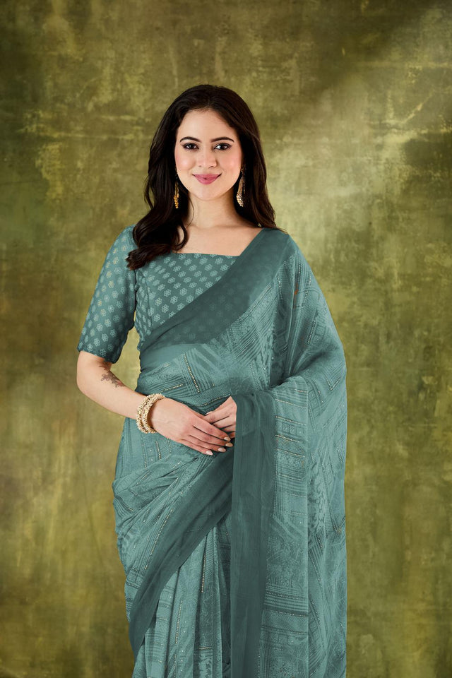 Turquoise Printed Chiffon Ready to Wear Saree (ACA7201)