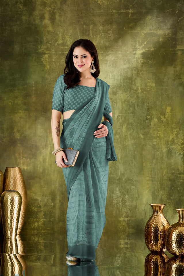 Turquoise Printed Chiffon Ready to Wear Saree (ACA7201)