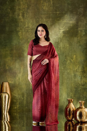 Maroon Floral Printed Chiffon Ready to Wear Saree (ACA7202)