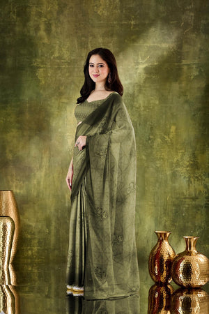 Mehendi Floral Printed Chiffon Ready to Wear Saree (ACA7203)
