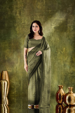 Mehendi Floral Printed Chiffon Ready to Wear Saree (ACA7203)