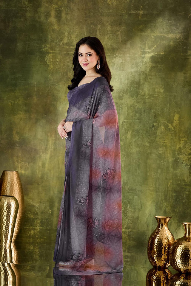 Violet Floral Printed Chiffon Ready to Wear Saree (ACA7204)