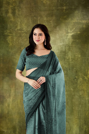 Turquoise Floral Printed Chiffon Ready to Wear Saree (ACA7205)