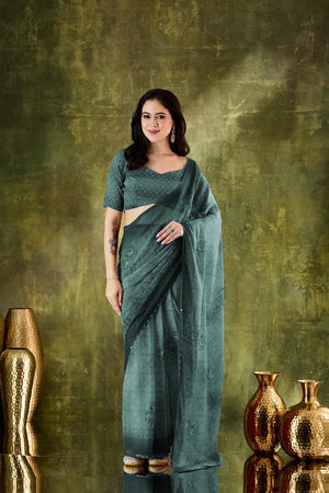 Turquoise Floral Printed Chiffon Ready to Wear Saree (ACA7205)