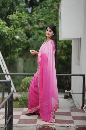 Pink Solid with Mirror Work Border Georgette Saree (ACA7209)