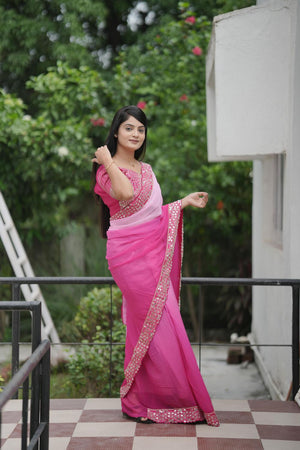 Pink Solid with Mirror Work Border Georgette Saree (ACA7209)