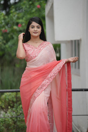 Peach Solid with Mirror Work Border Georgette Saree (ACA7210)