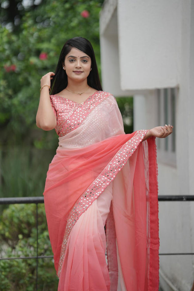 Peach Solid with Mirror Work Border Georgette Saree (ACA7210)