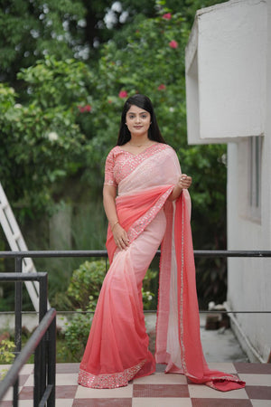 Peach Solid with Mirror Work Border Georgette Saree (ACA7210)