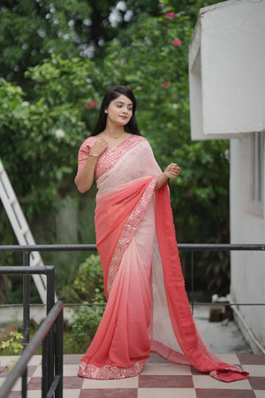 Peach Solid with Mirror Work Border Georgette Saree (ACA7210)