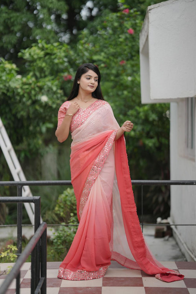 Peach Solid with Mirror Work Border Georgette Saree (ACA7210)