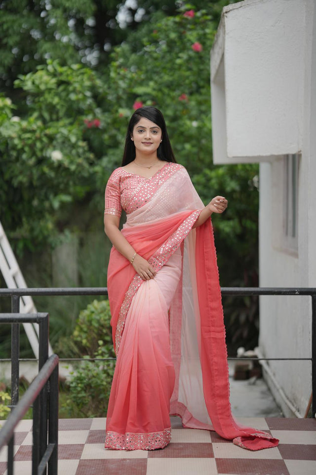 Peach Solid with Mirror Work Border Georgette Saree (ACA7210)