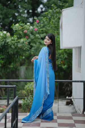 Blue Solid with Mirror Work Border Georgette Saree (ACA7211)