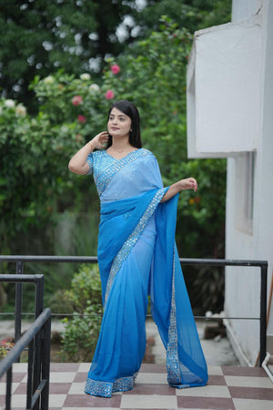 Blue Solid with Mirror Work Border Georgette Saree (ACA7211)