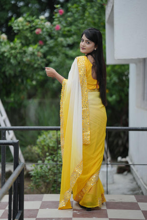 Yellow Solid with Mirror Work Border Georgette Saree (ACA7212)