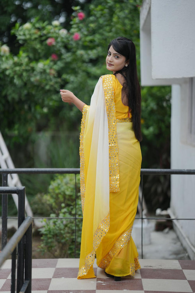 Yellow Solid with Mirror Work Border Georgette Saree (ACA7212)
