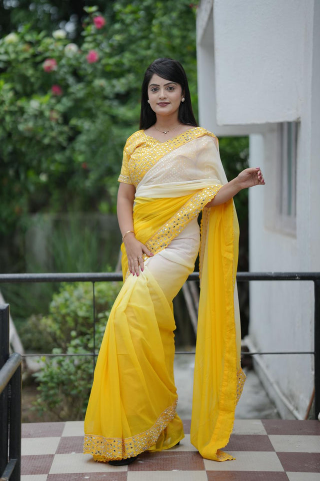 Yellow Solid with Mirror Work Border Georgette Saree (ACA7212)